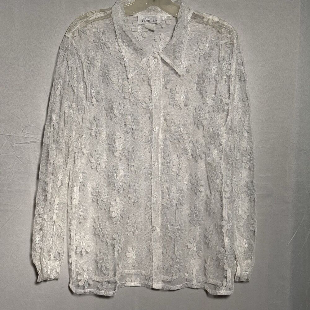 Sandrea White Floral Lace Sheer Button Front Blouse Long Sleeve Made USA